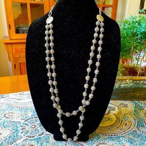 Chico’s Silver Tone Station Necklace Long Layered Textured Bead Chain